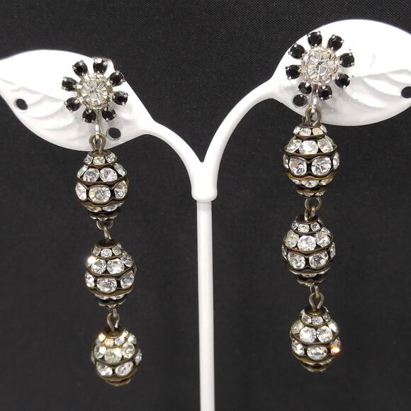 Vintage Dangle Long Black Floral Earrings, Clear Rhinestones, 1980s, 2 1/2" - Picture 1 of 10